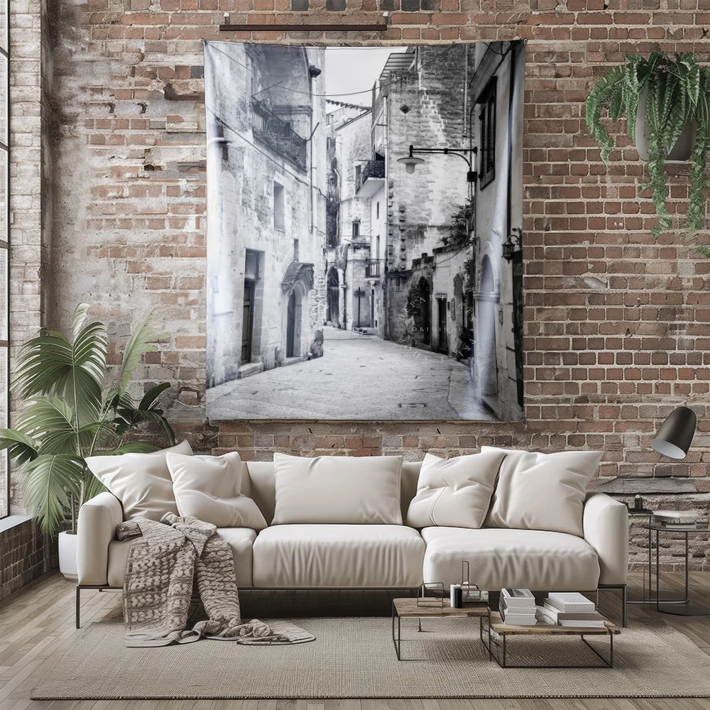 Black and White Old European Stone Alley Street Photography Tapestry Machine Washable All Season Decor Print Home Quick Setup