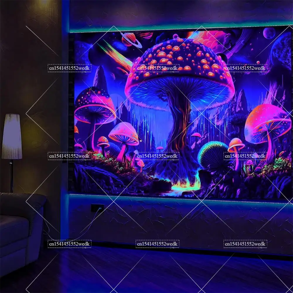 Mushroom Neon Tapestry Blacklight Hippie Tree Of Life Tapestry UV Reactive Space Mountain Black Light Tapestries For Bedroom