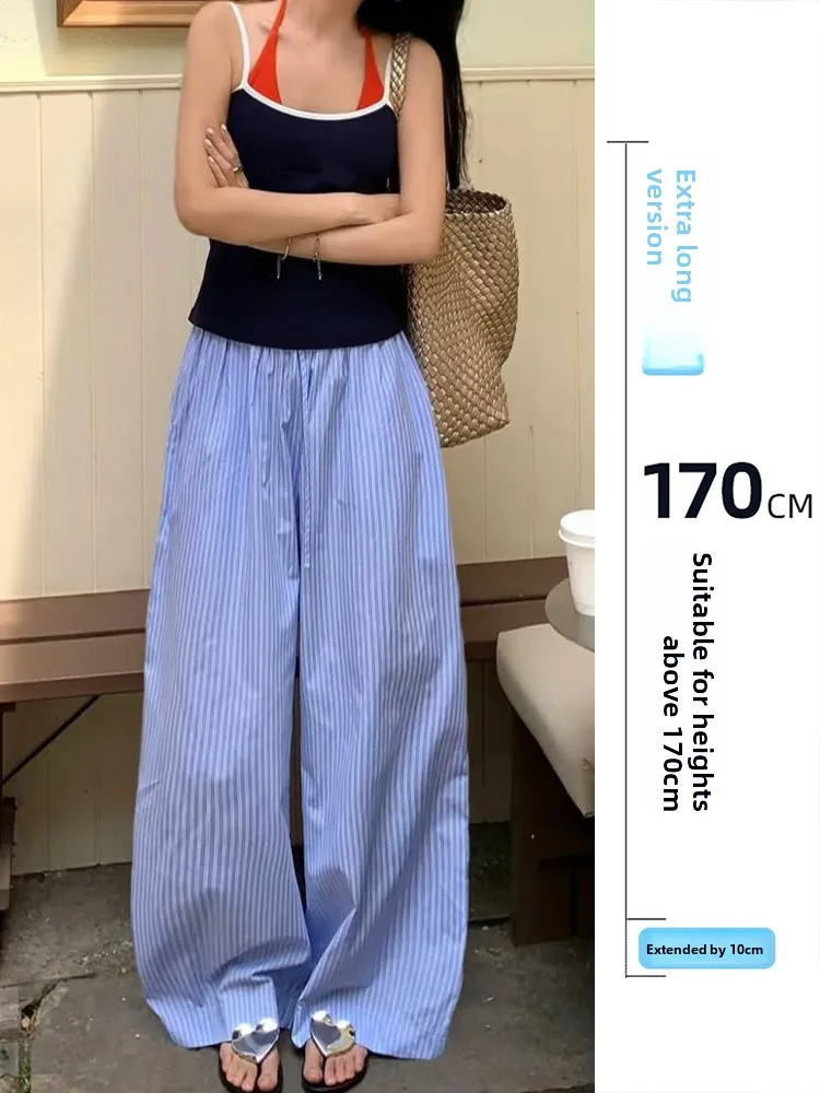 

Женские брюки с высокой талией, весенние, в корейском стиле, длинные, синие, повседневные, с поясом, струящиеся, в полоску, для работы, комфортные, дышащие