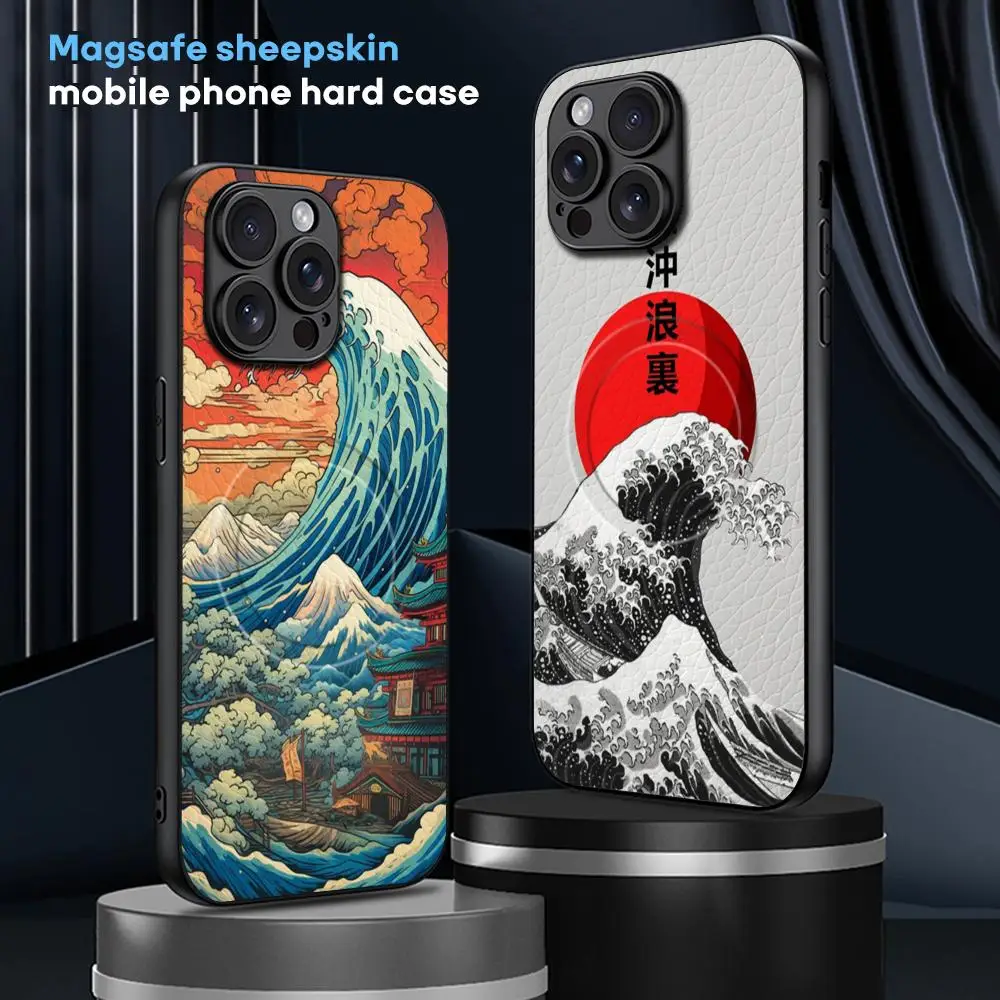 Japan The Great Wave Of Kanagawa Phone Case For iPhone 16 15 14 13 12 11 Plus Pro Max  High-end Luxury Magsafe Sheepskin