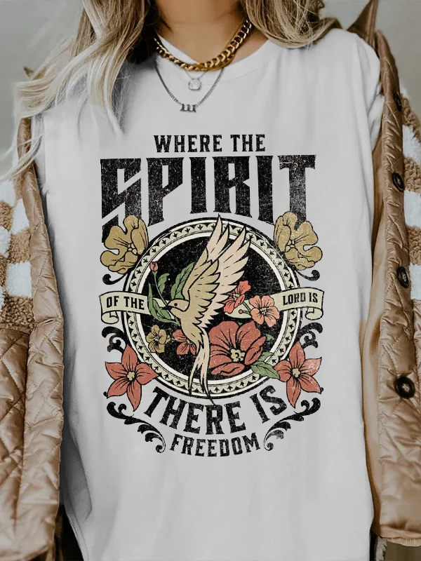 Where The Spirit  There Is Freedom Slogan Women Shirt Vintage Cotton Garland Bird of Peace Print Casual Holiday Female Shirt