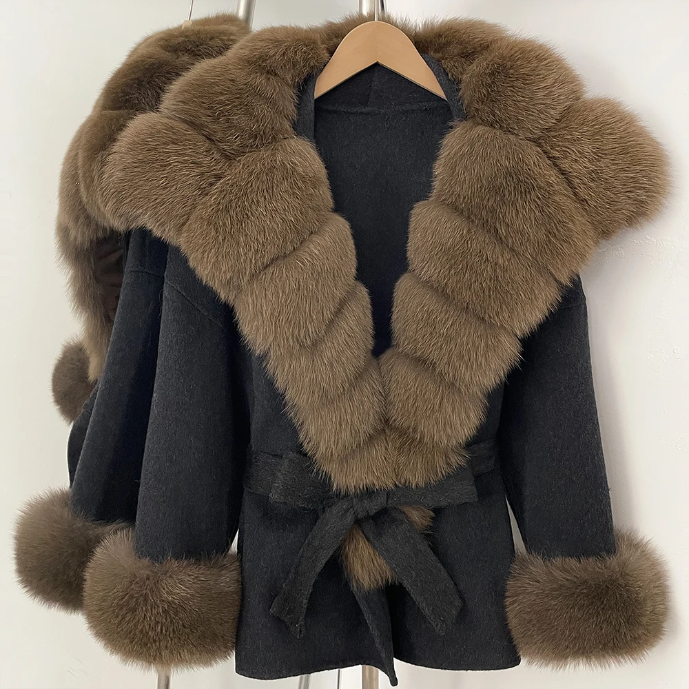 

Real Fur Jacket Woman New Winter Autumn Coats Wool Coat Women Luxury Real Fox Fur Collar Ladies Belt Design Woolen Outwear