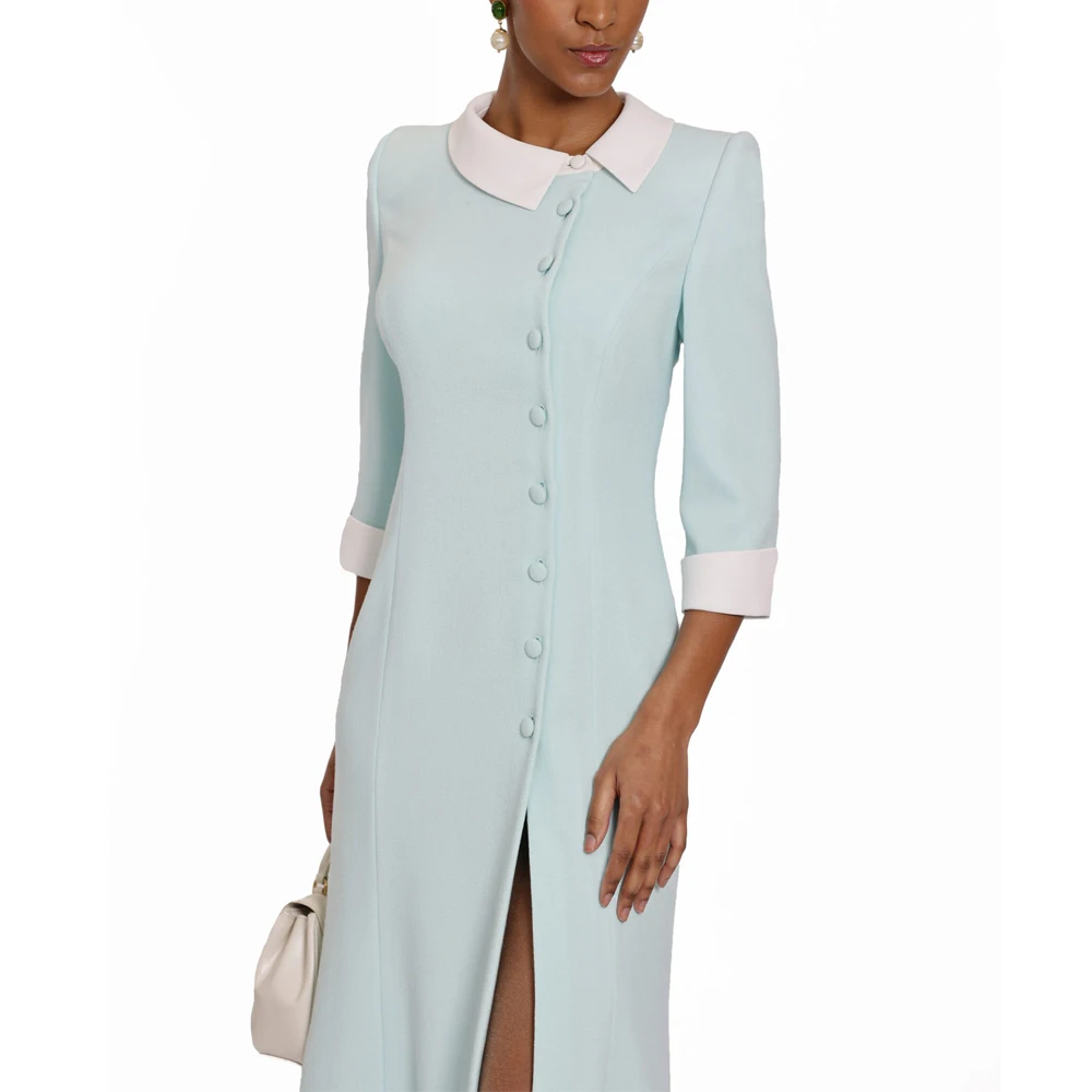 Customized Elegant Front Button Mother of the Bride Dress Side Split Mermaid Wedding Guest Dress with 3/4 Sleeve Tea Length