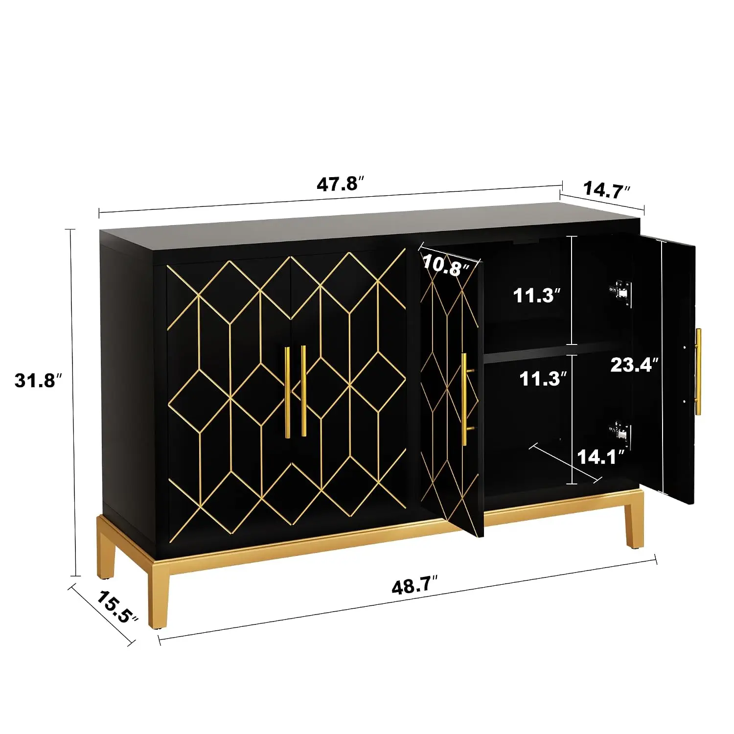 Accent Cabinet 4 Doors & Shelves, Gold Trim Sideboard, Black Storage for Living Room Entryway Kitchen Dining Hallway, Customized