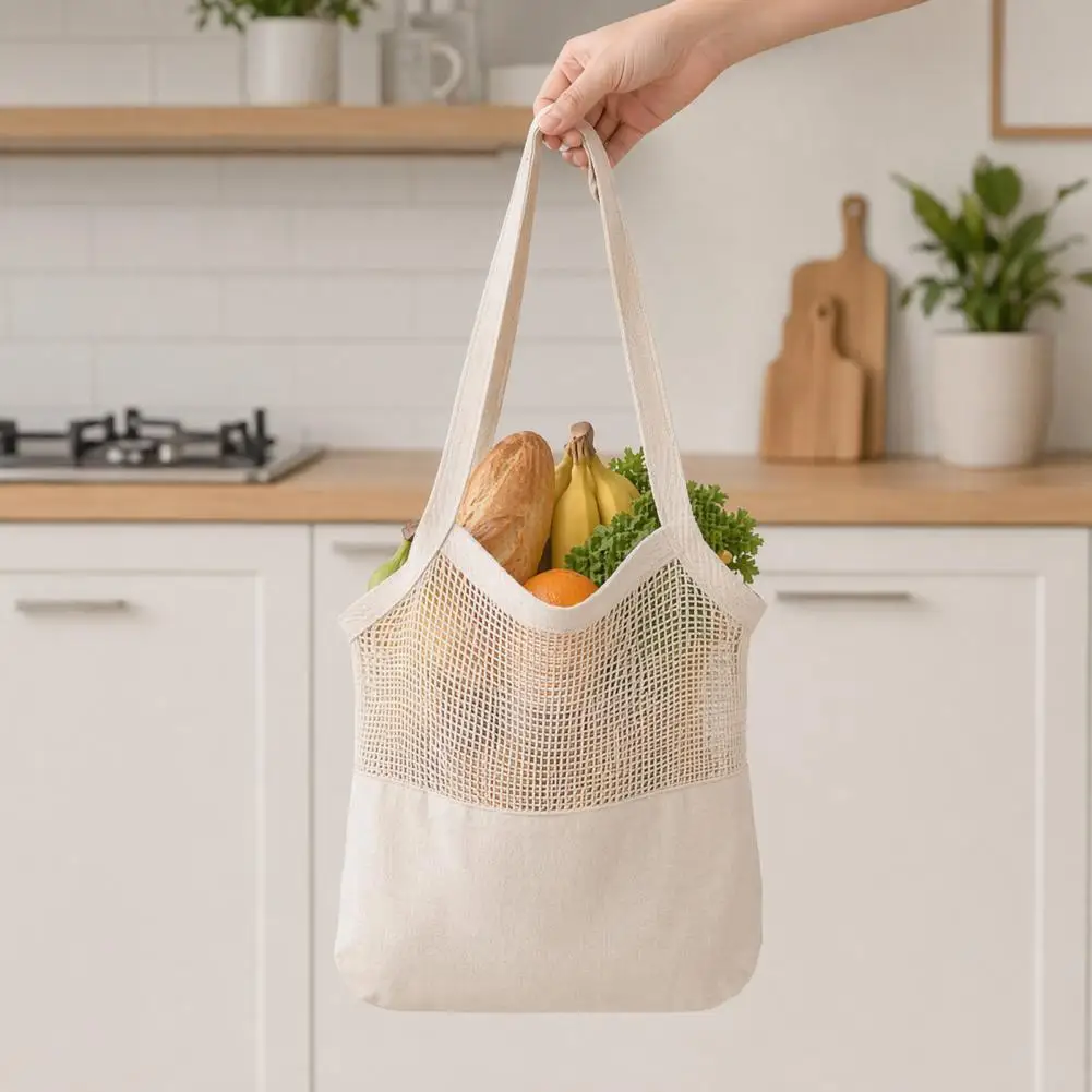 Picnic Carry Bag Canvas Shopping Bag with Breathable Mesh Splicing Design Reinforced Straps Grocery Tote Long Handle Market