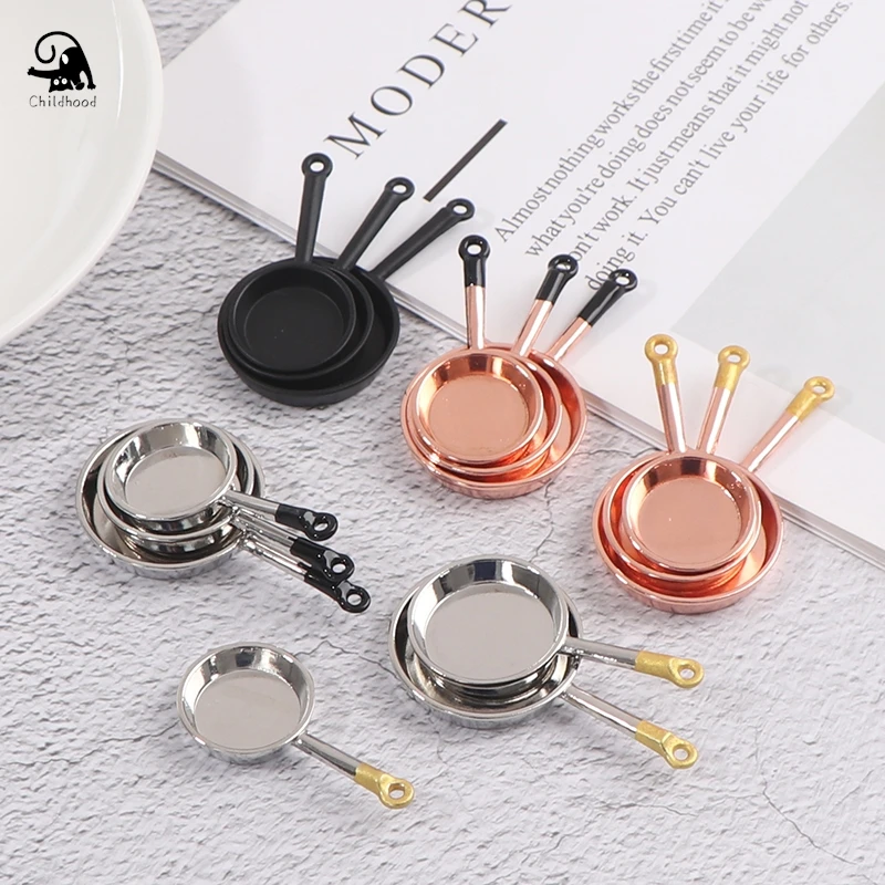 3Pcs 1/12 Dollhouse Miniature Accessories Mini Metal Saucepan Simulation Furniture Kitchen Pan Model Toys for Doll House Decor