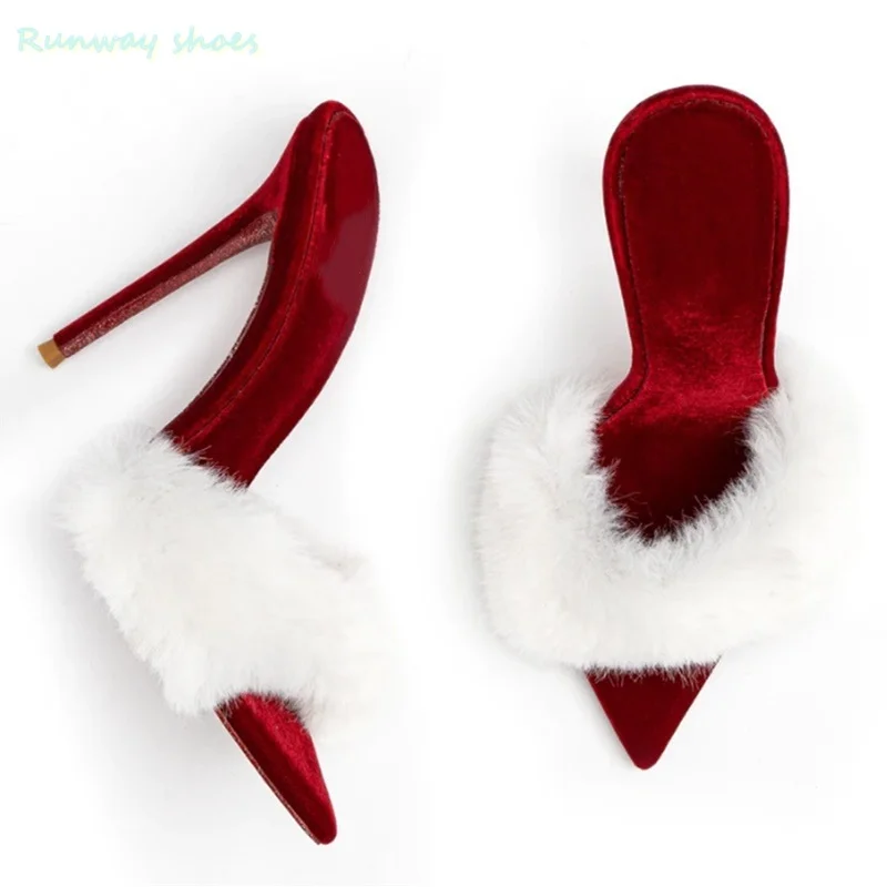 

Женские свадебные туфли с заостренным носком и отделкой из лисьего меха, сексуальные туфли-лодочки на шпильке, банкетные шлепанцы, летние элитные сандалии ручной работы