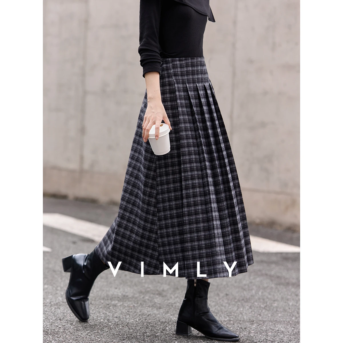 

VIMLY женская клетчатая плиссированная юбка, осень 2022, ретро клетчатый узор трапециевидной формы, свободная верхняя одежда, универсальные юбки средней длины A3118