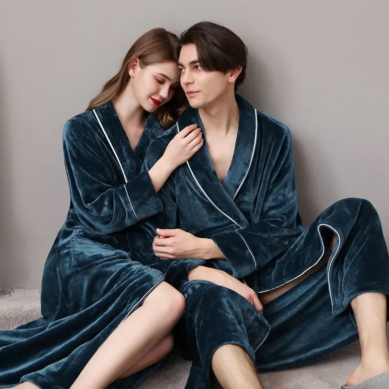 Men Flannel Kimono Bath Gown Ultra Long Robe Coral Fleece Nightgown Lovers Couple Thick Warm Sleepwear Dressing Gown 2023