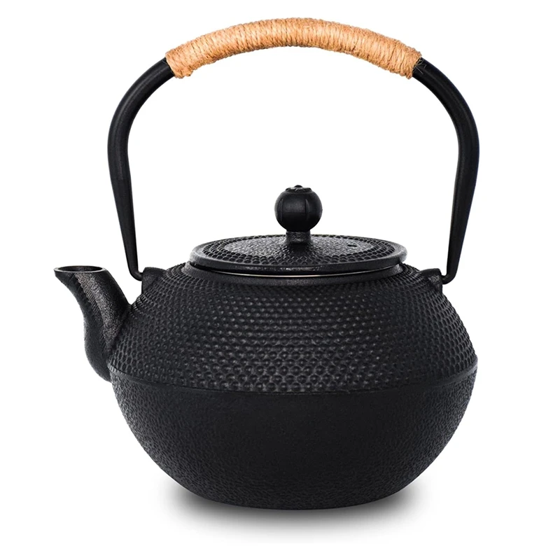 Cast Iron Tea Pot - Twine Handle Teapot Kettle With Infuser And Enameled Interior For Stove Top, 1.2L/40 Oz