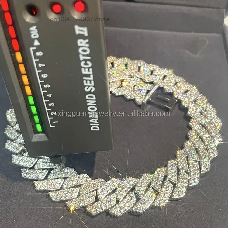 Diamond Pass Tester GRA Moissanite 13mm 15mm 20mm Width 2rows S925 Solid Silver Cuban Link Chain for Rapper Hip Hop Necklace.
