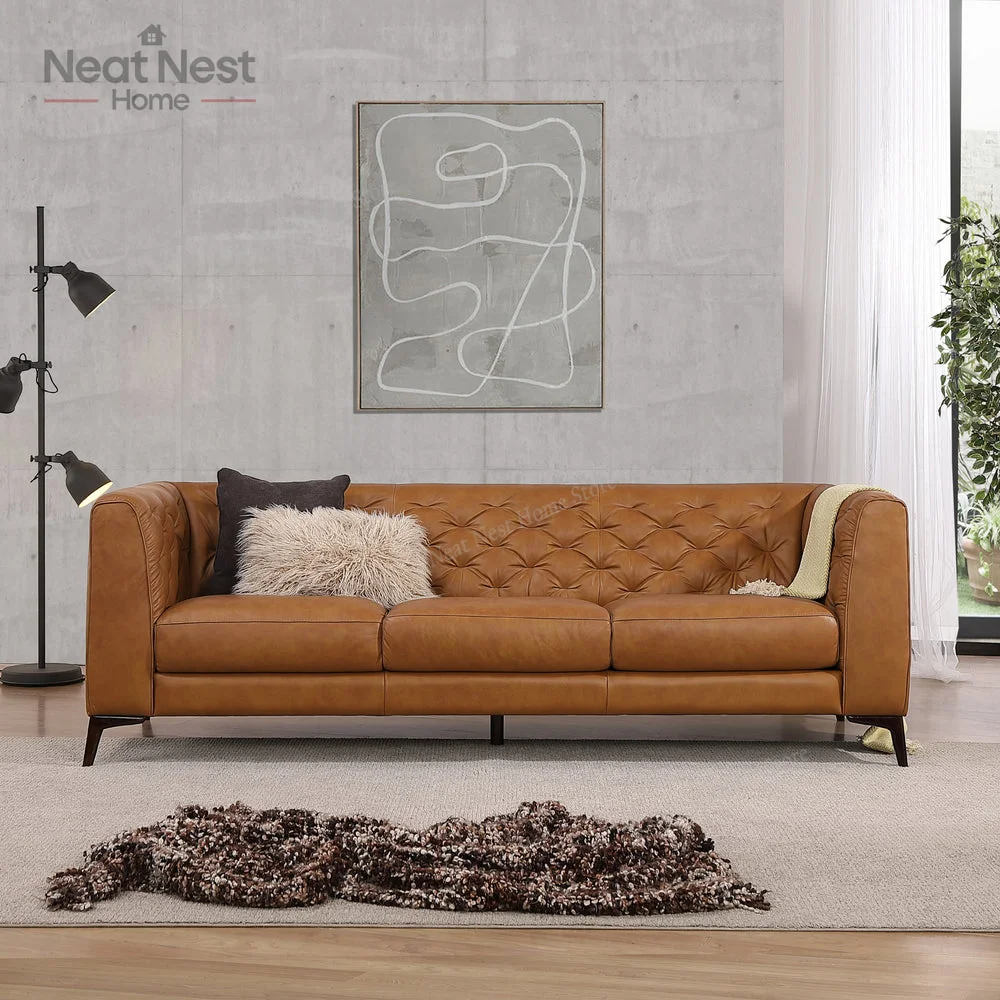

Essex Leather Couch – 89 Sofa with Tufted Back - Full Grain Leather Couch with Feather-Down Topper On Seating Surfaces – Vintage