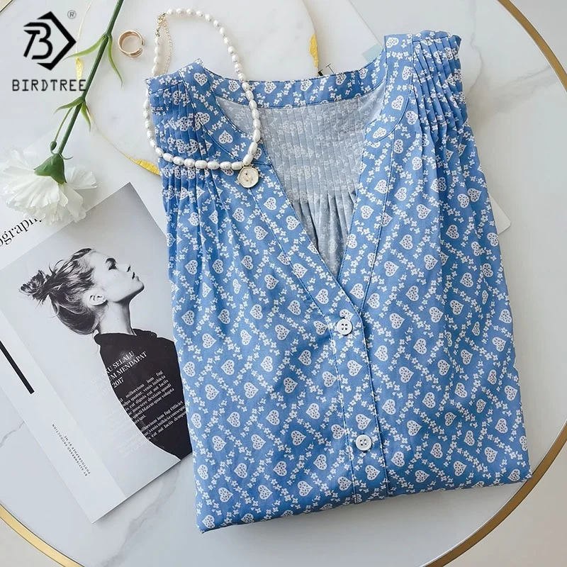 

Birdtree,28.4% Mulberry Silk 71.6% Cotton Blouse,Women's Print V-neck Tops,Long Sleeve,Single Breasted,2025 New Shirt T5D420JF