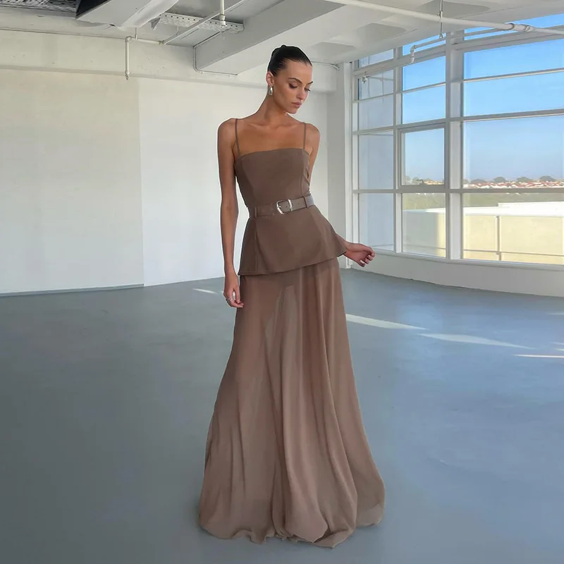 YJ25287DGO جديد طويل مثير أنيق ركاب نمط شبكة المرقعة فستان بحزام