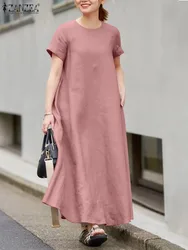 2023 ZANZEA Stylish Summer Dress Women O Neck Short Sleeve Solid Loose Sundress Elegant Kaftan A-line Party Vestidos Robe Femme