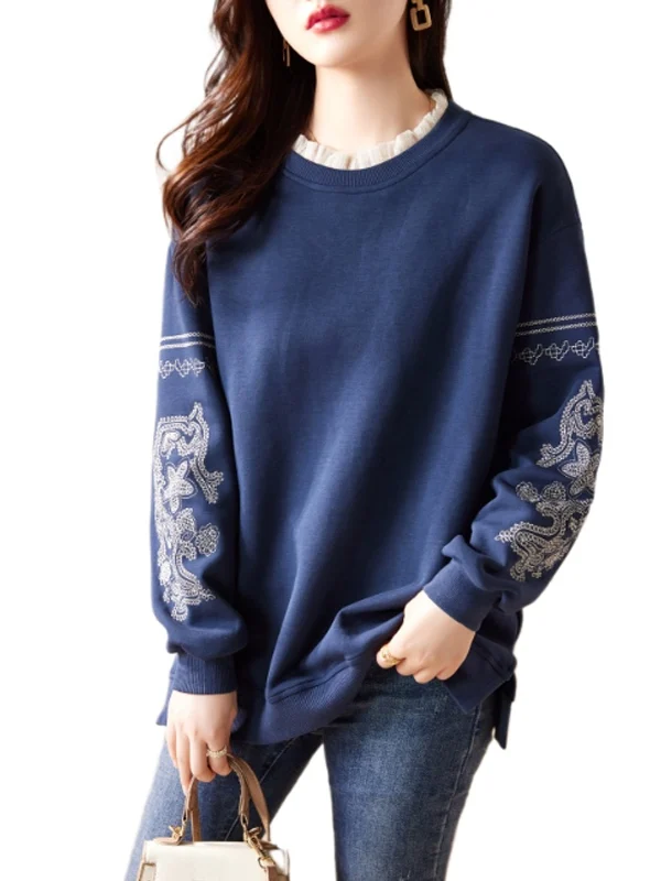 Schweres, besticktes, rundes Ne-Sweatshirt mit Spitze für Damen in Übergröße, lockeres, lässiges, langes Sve-Top für den Herbst 2025,