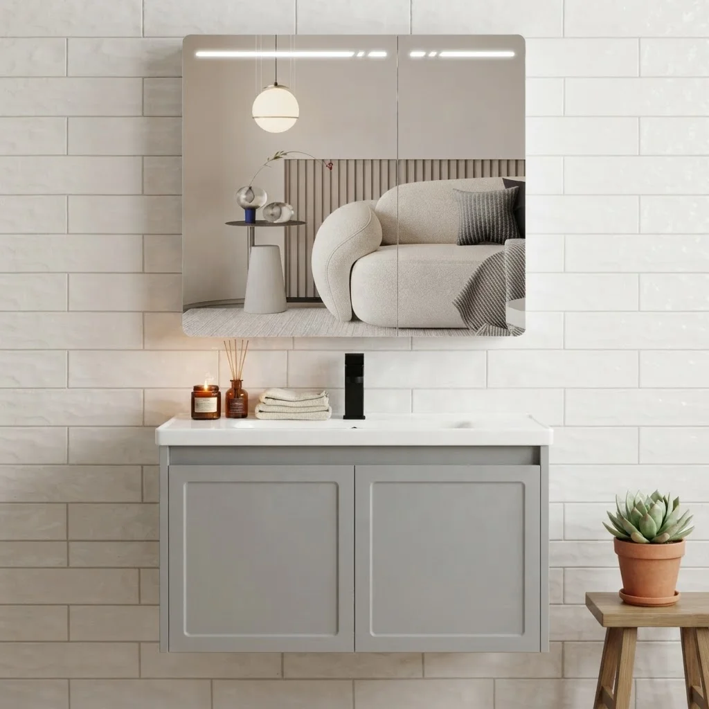 Aluminum Alloy Wall-Mounted Modern Double-Mirror Door Cabinet Vanity Combo Chrome Finish 70cm Dimensions Bathroom Vanity