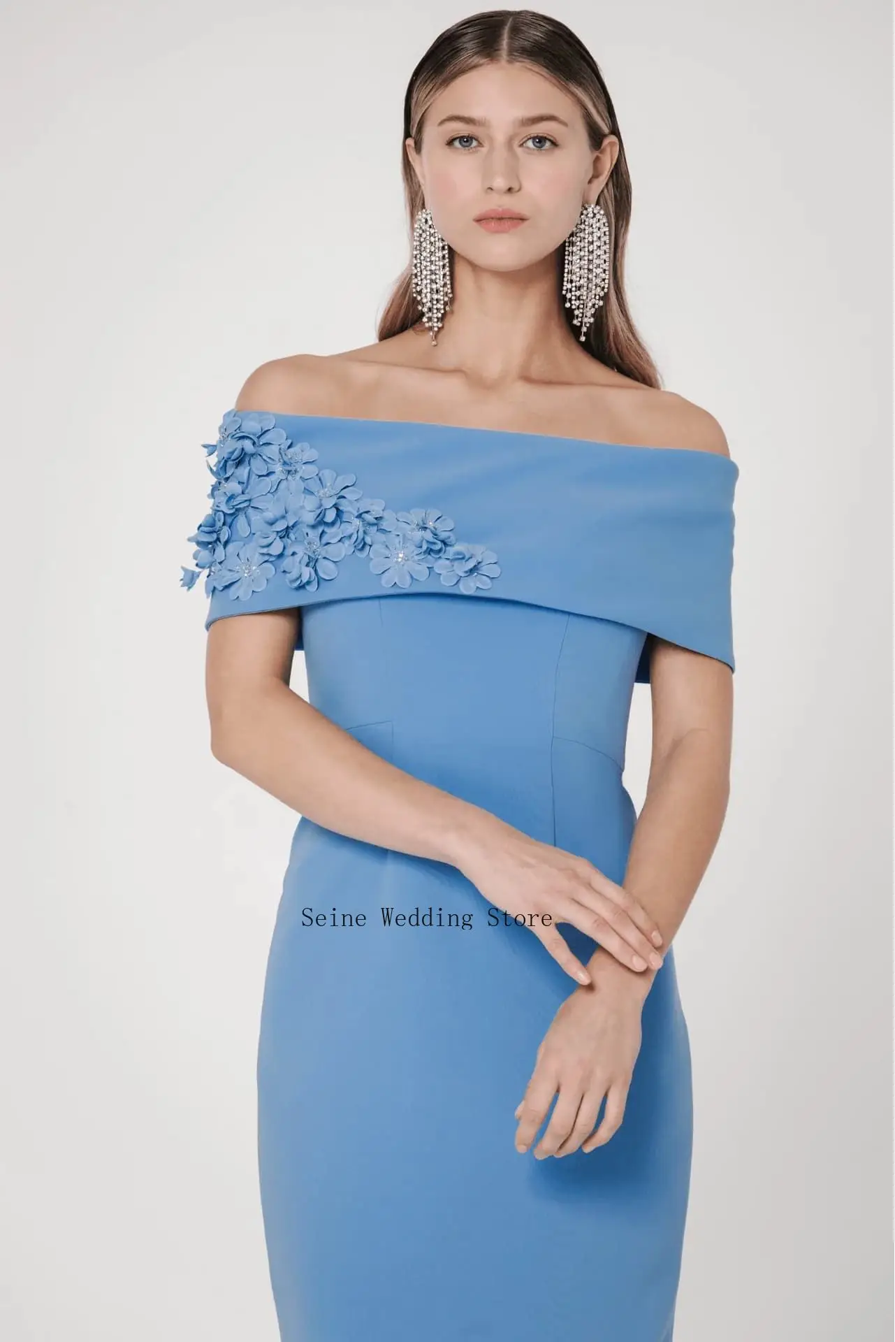 Mermaid Jersey Mother of The Bride Dress Beaded Lace Applique One Shoulder Long Sleeve High Slit Formal Wedding Party Dresses