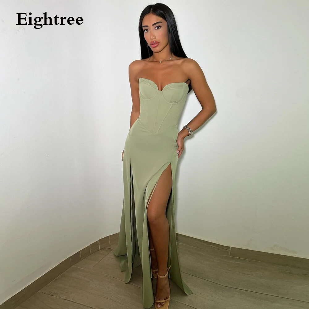 Eightree Bean Green Satin Prom Dresses Simple Wedding Guest Floor-length Arabic Elegant Formal Evening Party Dress Skirt Women