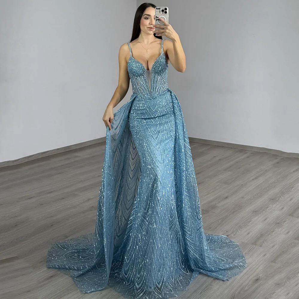 فستان سهرة حورية البحر مثير متلألئ مع قطار مخصص بأشرطة سباغيتي ورقبة على شكل حرف V فستان حفلات فساتين سهلات #4