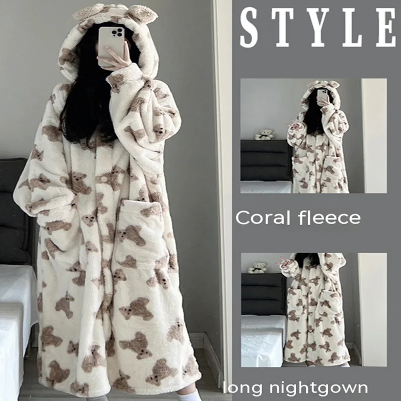 Fall And Winter Thickened Warm Long Coral Velvet Robe Girls Cute Bear Pajamas Women\'s Padded Plus Size Nightgown Ladies Homewear