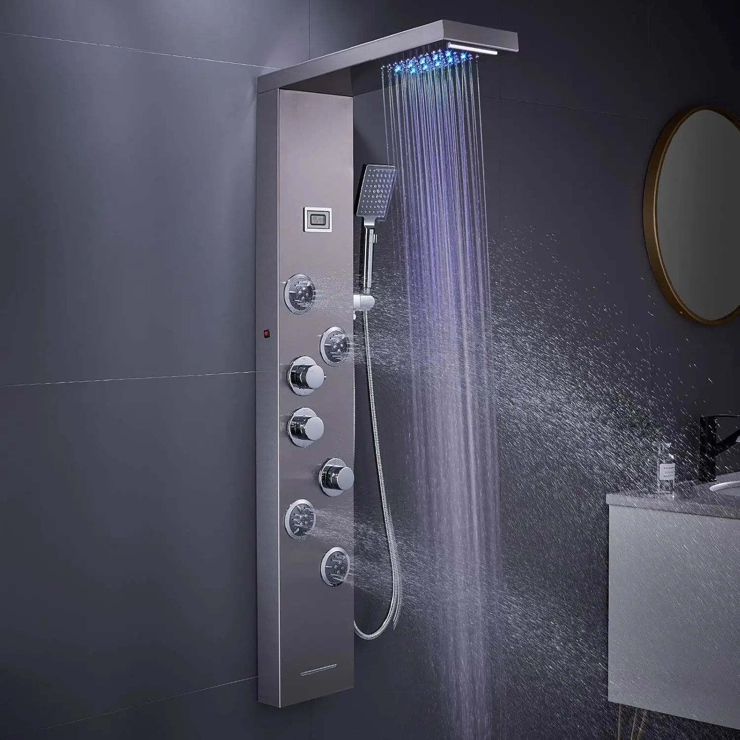 

MENATT LED Shower Panel Tower System, 6 in 1 Stainless Steel LED Shower Column, Rainfall & Waterfall Head, Massage Jets