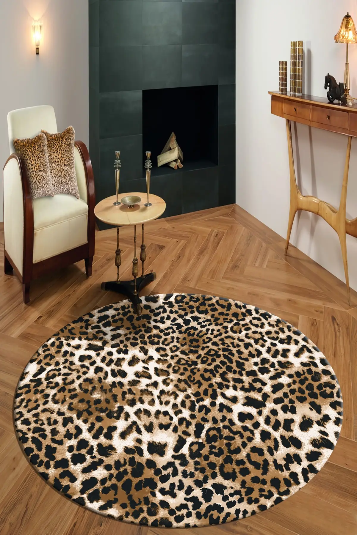 

DOLBOVI Bely digital printed non-slip sole washable leopard brown round hall carpet and runner