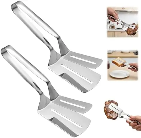 

2PCS Stainless Steel BBQ Clamp Set - Anti-Scald Long Handle Tongs & Spatula for Grilling Meat, Fish
