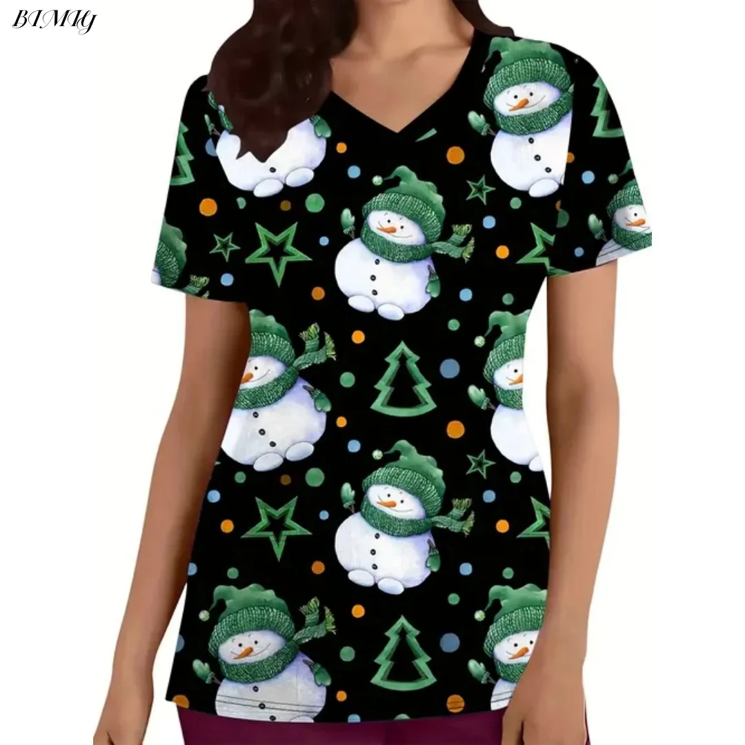 Uniforme d'infirmière de noël pour femmes, T-Shirt à manches courtes, imprimé père noël, flocons de neige, pain d'épices, col en v, poches supérieures, cadeau d'infirmière