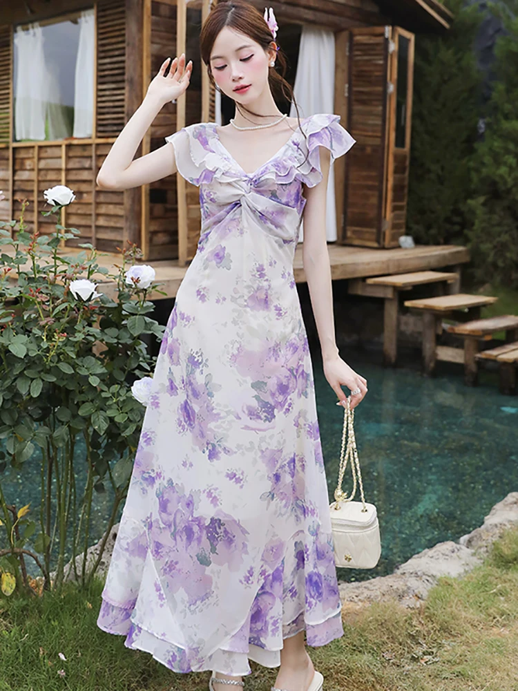 サマーパープルフローラルVネックノースリーブドレス レディース エレガントシック ラッフルビーチドレス 2025 韓国ファッション ボディコン ラグジュアリー ワンピース