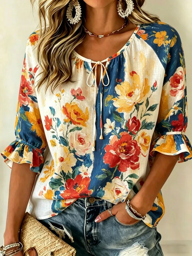 Oil Painting Peony Floral Blouse Women Tie V Neck 3/4 Flounce Sleeve Color Block Loose Bohemian Linen Daily Tops