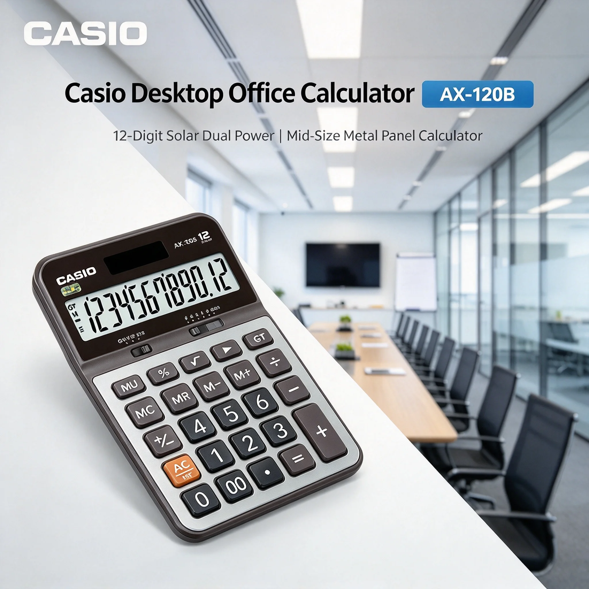 Casio AX-12B AX-120B Solar Powered Calculator Comfortable Press Keys Large LCD for Retail Cashier Home Calculation Tasks