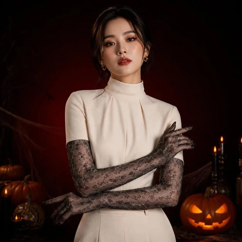 Fashion Ultra Thin Sheer Long Gloves Elastic Silky Smooth Oil Shiny Gloves Five-Finger Sheer See Through Dance Gloves Cosplay