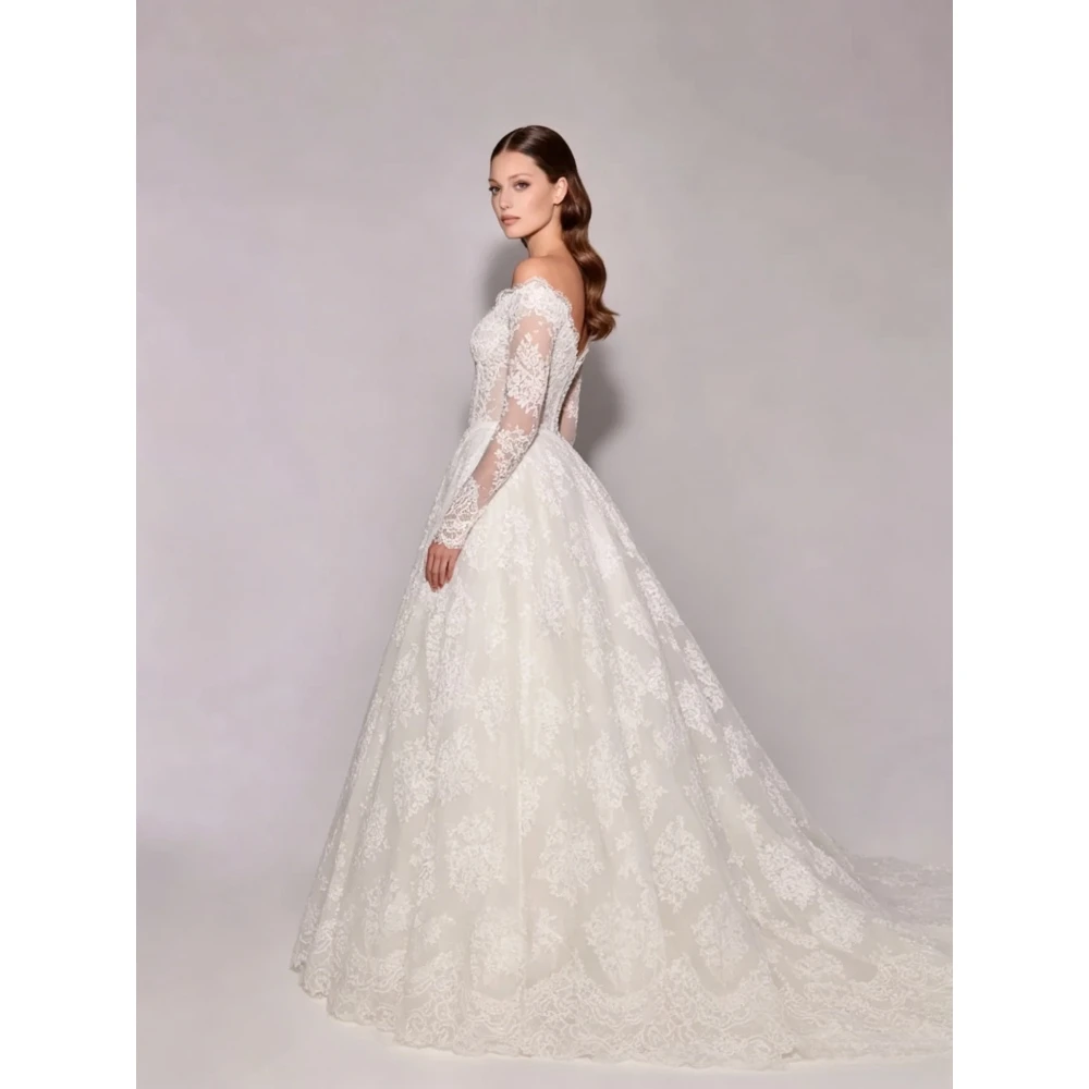 Customized gorgeous V-neck lace decal wedding dresses 2026 white long sleeved full flower decal shoulder bridal gown zipper back