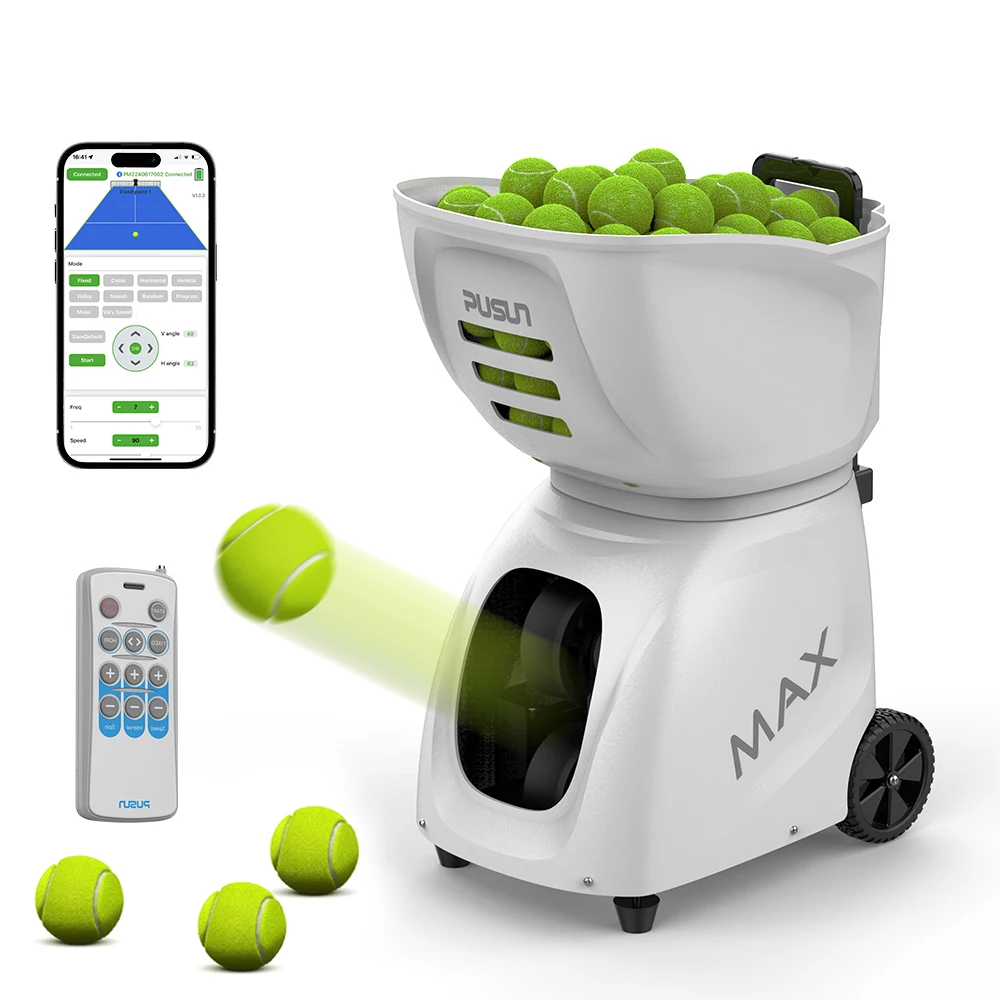 Professional Tennis Ball Machine 150-Ball Capacity APP Control PUSUN Portable PT MAX C For Beginners & Advanced Users Training