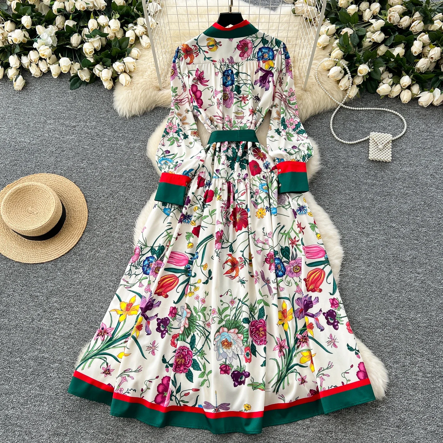 Elegant Long Sleeves Vintage Stand Collar Chic Single Breasted Print Bandage Slim Long Dress High Street Autumn Winter Clothing