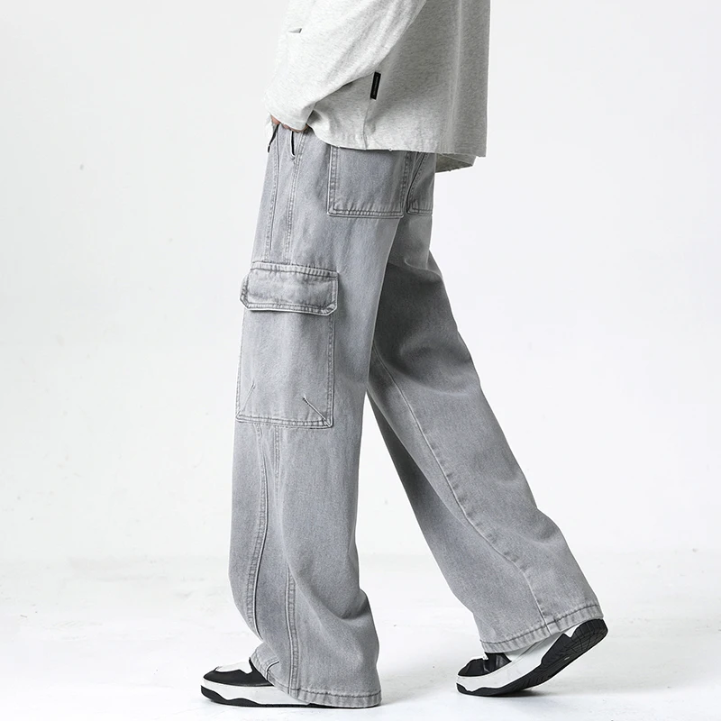 

American Retro Loose Workwear Jeans with Korean Street Pocket Design,men's Spring and Autumn Straight Leg Hanging Wide Leg Pants
