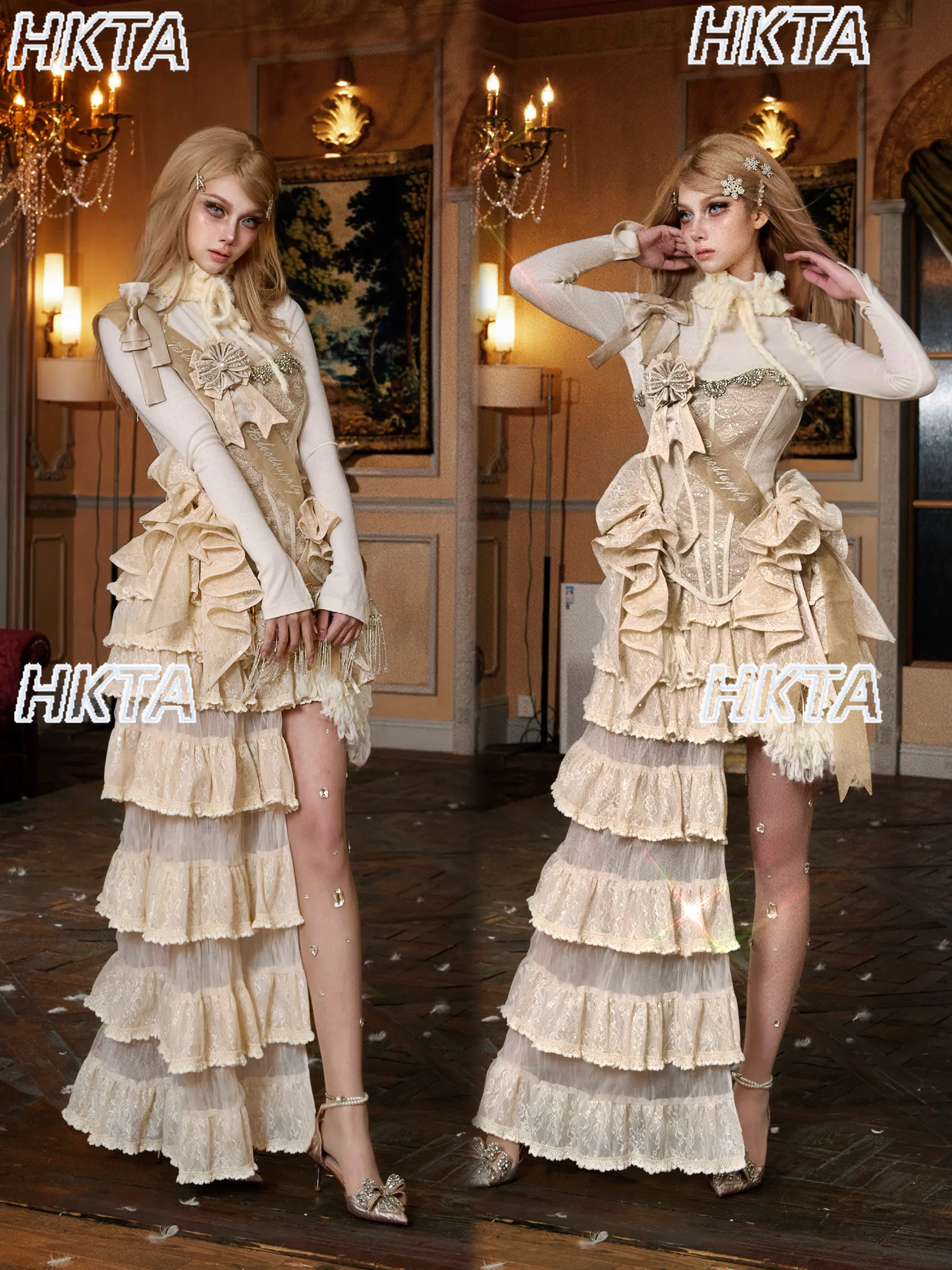 Japonês renda cintura cascata bolo irregular princesa saia natal doce lindo elegante temperamento y2k cos lo saia feminina