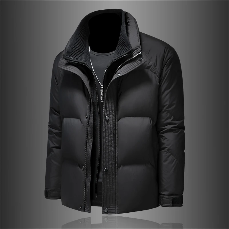 Chaqueta de plumón cálida y gruesa con cuello levantado para hombre, dos piezas falsas, contenido de plumón de pato de alta calidad, novedad de invierno de 2024, 85%