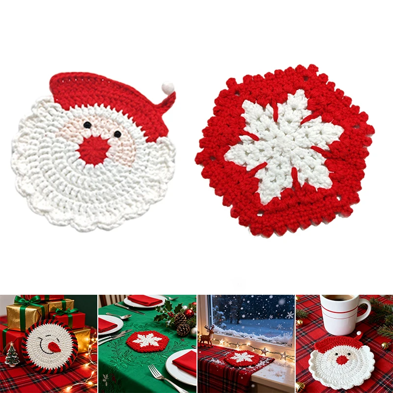 

New Festive Santa Claus Coaster Set Red White Christmas Colors Hand Crocheted Drink Mats for Holiday Table Setting Decorations
