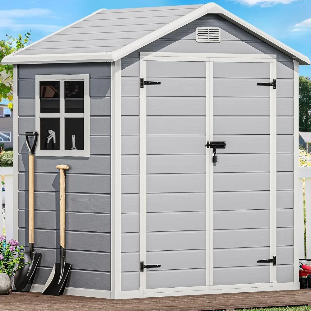 

6 x 4 FT Outdoor Resin Storage Shed with Reinforced Floor with Lockable Door, Window and Vent, Waterproof Plastic Tool Storage