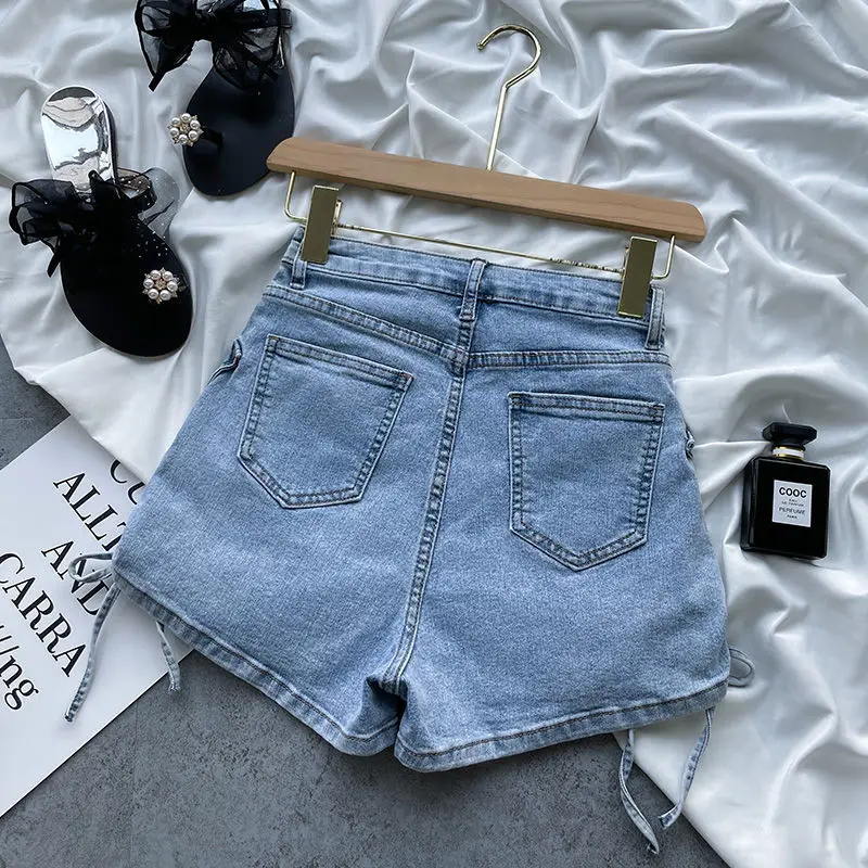 Celana pendek Denim, celana pendek Denim Breasted, tali serut lipit gaya baru musim panas, pinggang tinggi, modis, serbaguna, celana pelangsing A-Line