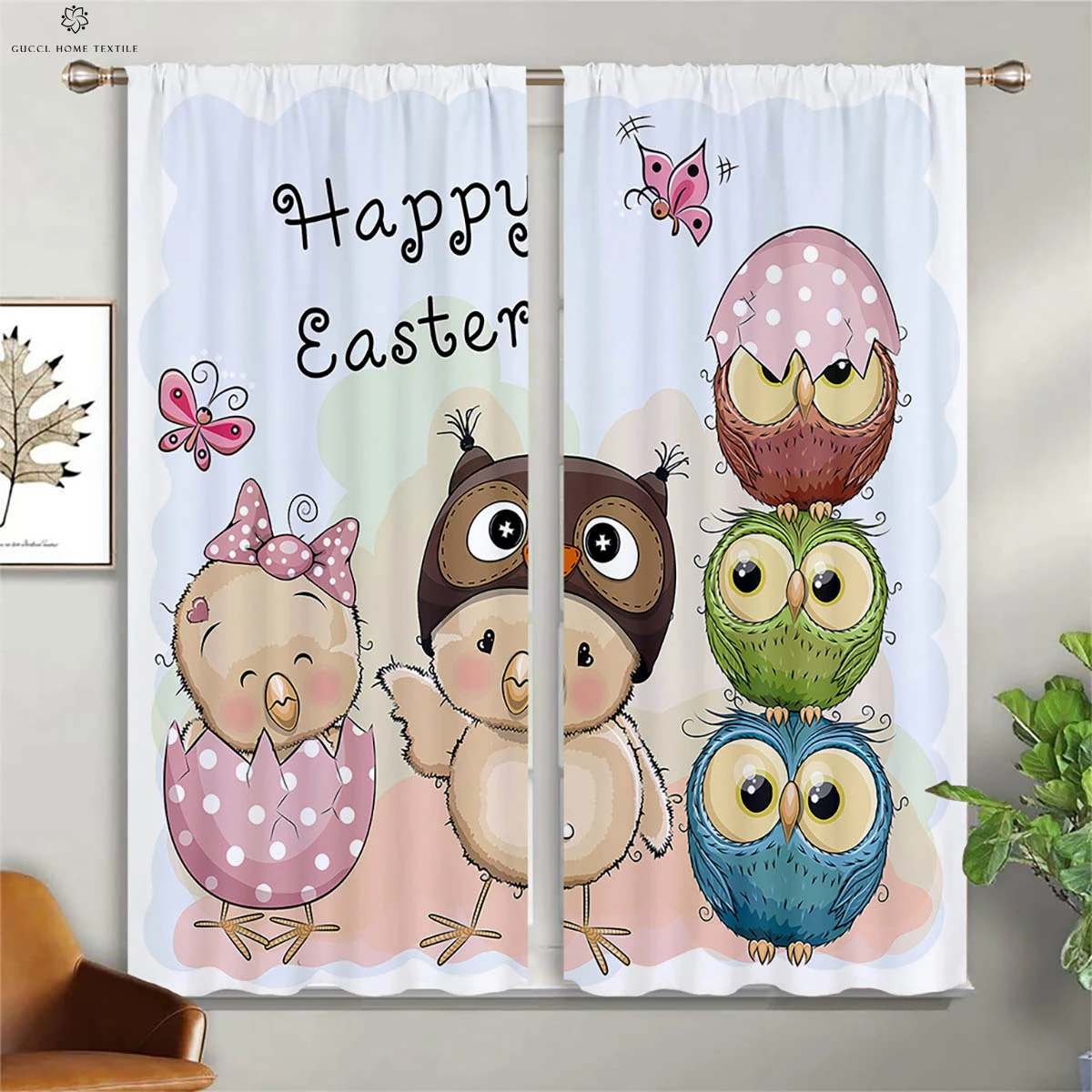 2pcs Watercolor Colored Egg Chicken Easter Decorative Curtains Bedroom Living Room Kids Room Holiday Decorative Curtains