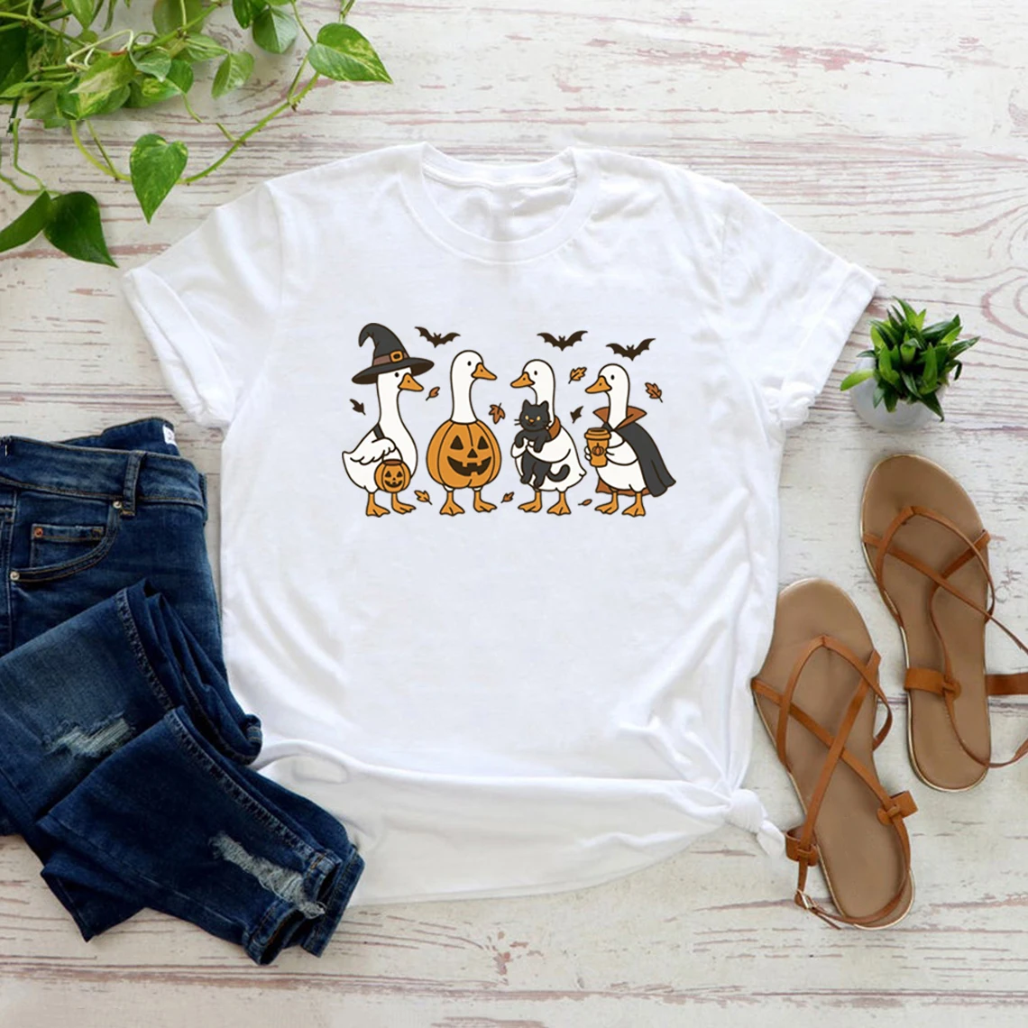 

Funny Halloween Goose Tshirt Ghost T-Shirt Casual Short Sleeve Unisex T-shirts Spooky Goose T Shirt Women Clothes Halloween Gift