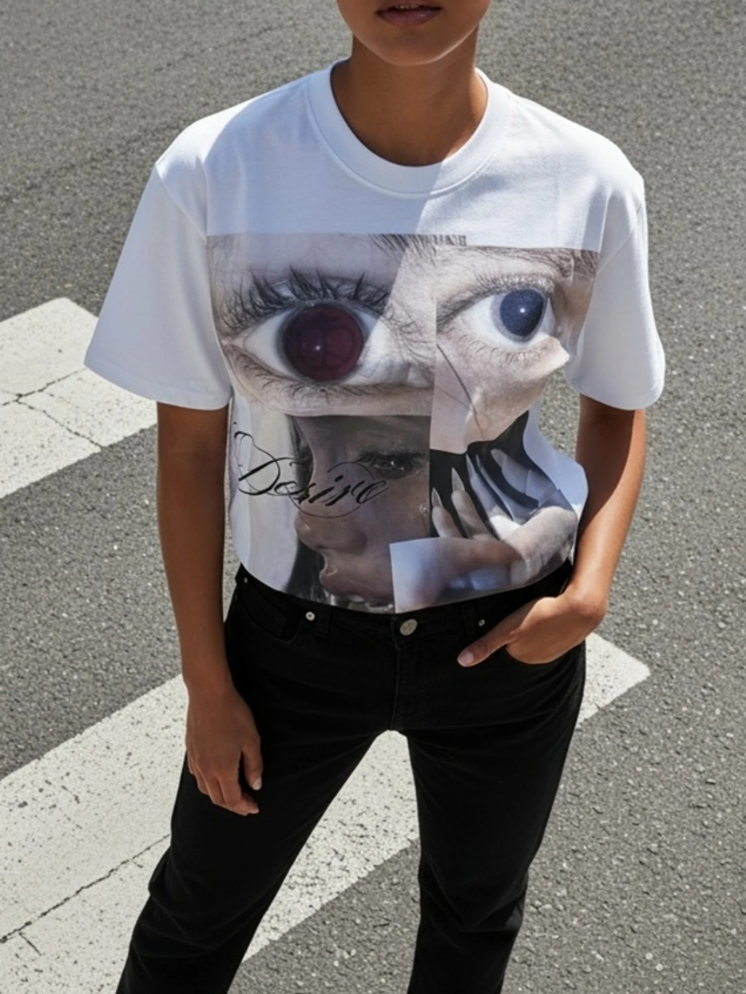 Y2K Subculture High Street Trendy Brand Same Style Heterochromia Fangs Collage T-Shirt Niche Design Sense Dark Style Short Top