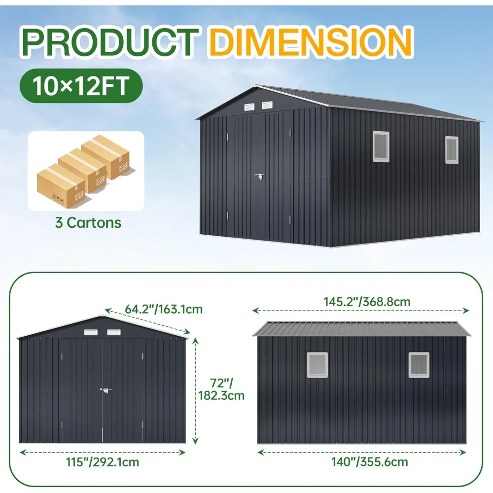 10 X 12 Ft Outdoor Storage Shed with Lockable Doors & Windows, Utility Tool Sheds for Patio Storages, Metal Garden Storage Shed