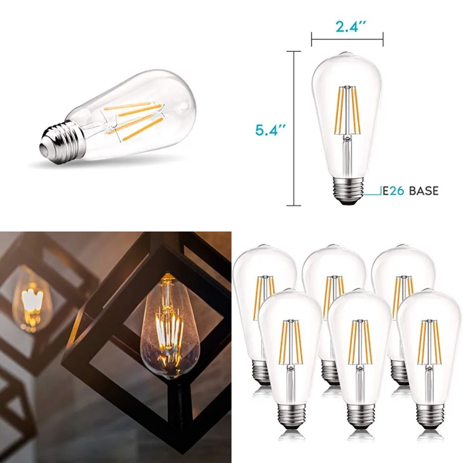 

Vintage LED Edison Bulb 60W Equivalent, ST19 ST58, 2700K Warm White, 550 Lumens, Dimmable LED Filament Bulb 5W, Clear Glass, UL