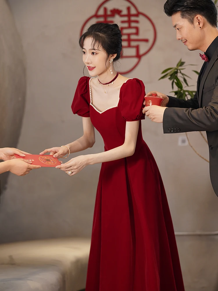 

Красное вечернее платье в корейском стиле с длинными рукавами и жемчужной отделкой, длиной в пол, для помолвки и свадьбы