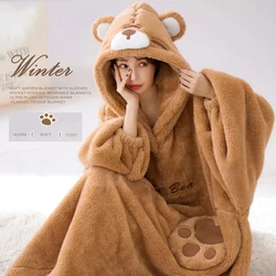 WOSTAR Winter soft Sherpa blanket with sleeves Pocket Hooded wearable Blankets Ultra Plush Outdoor Warm Flannel hoodie Blanket