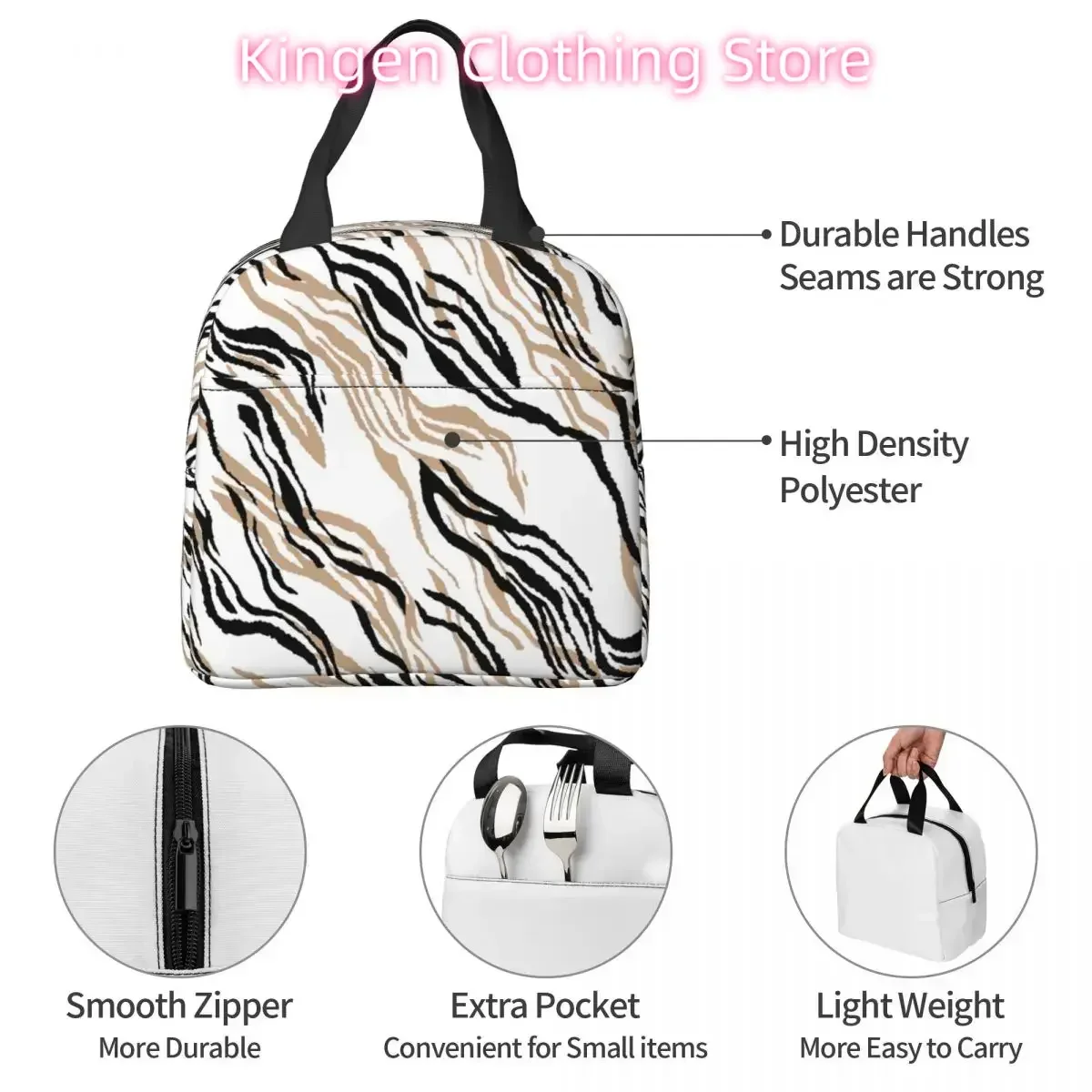 Lunch Bags for Women Kids Zebra Insulated Cooler Bag Portable Picnic Travel Animal Skin Print Canvas Lunch Box Bento Pouch
